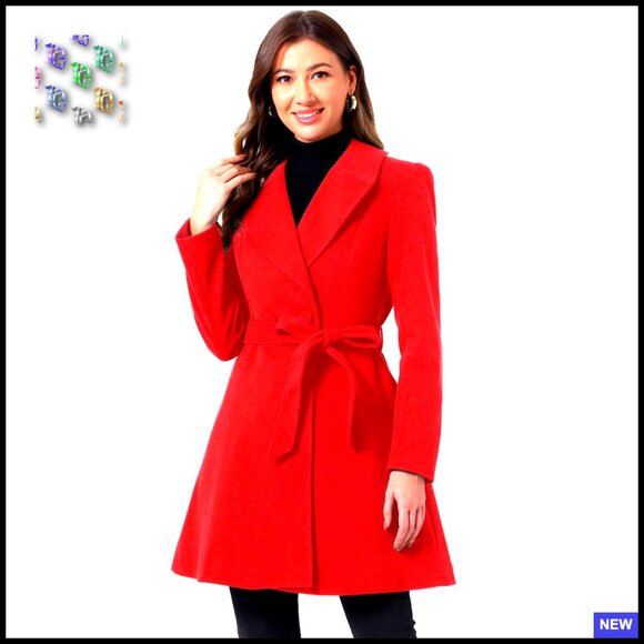 Classic Wool Pea Coat Elegant Trench Overcoat Shawl Lapel Belted Long